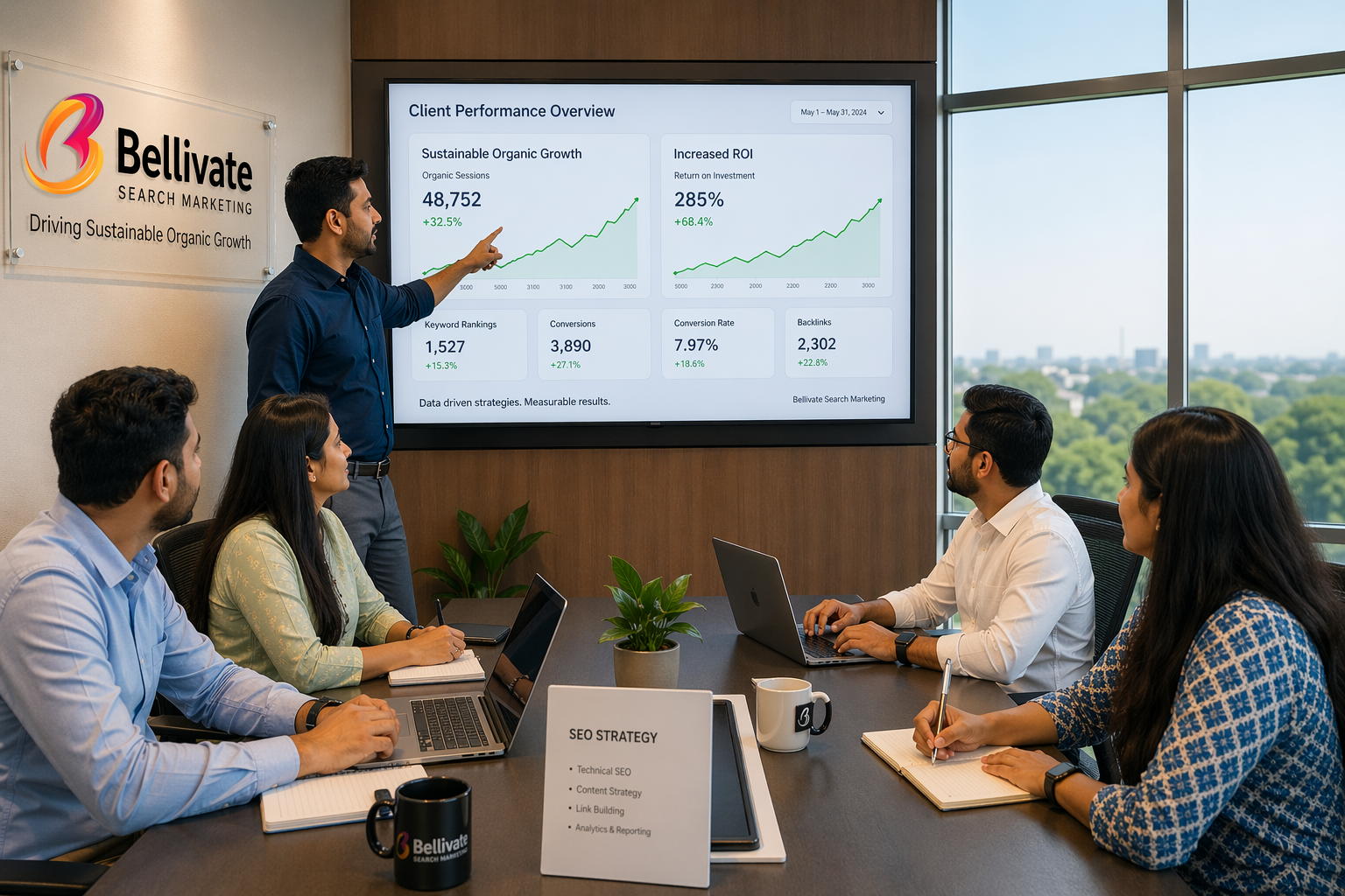 Team of SEO professionals in a modern office presenting growth analytics on a screen with rising graphs, branded Bellivate workspace, and collaborative strategy discussion.