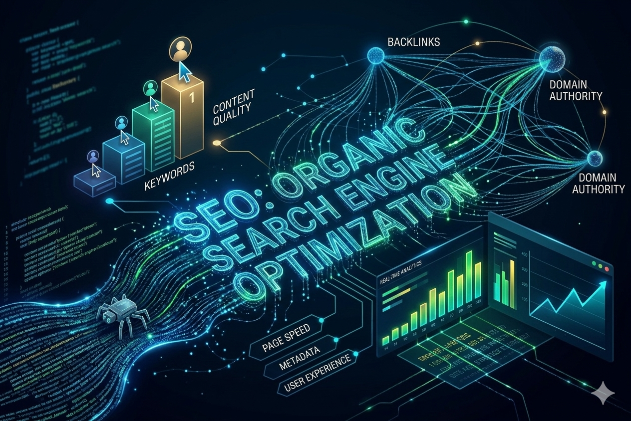 A futuristic 3D digital illustration representing Search Engine Optimization (SEO), featuring glowing neon text that reads "SEO: ORGANIC SEARCH ENGINE OPTIMIZATION." The graphic includes data-driven elements such as rising analytics charts, keyword ranking bars, a neural network for backlinks and domain authority, and technical tags for page speed and user experience.